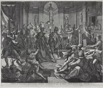 A rossz hírnév háza, vésette Johannes Sadeler I alkotó: Joos or Jodocus van (after) Winghe