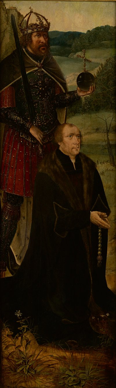 Konstantin király és adományozó; oltárkép egyik szárnya (olaj a panelen) alkotó: Joos van (follower of) Cleve