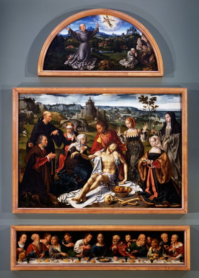 A lerakás oltárképe, Szent Ferenc stigmáival, Krisztus letétele és az utolsó vacsora a genovai Kisebb Testvérek templomából, 1520 körül alkotó: Joos van Cleve