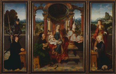 A Szent család, 1530 körül, Joos Van Cleve (1485-1540), triptichon. Belgium alkotó: Joos van Cleve