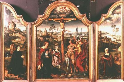 Triptichon: Keresztre feszítés térdelő donorokkal (olaj) alkotó: Joos van Cleve