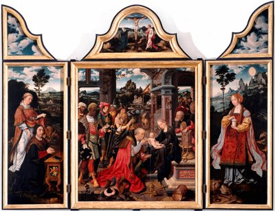A mágusok imádásának triptikusa. Joos Van Cleve fiatal (1485-1540) festménye fára 1515 Dim. 260x200 cm Genes, San Donato templom alkotó: Joos van Cleve