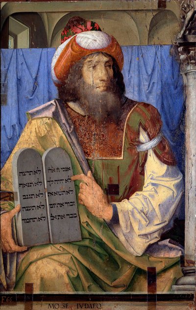 Jeles férfiak portréi: Mózes és a törvénytáblázatok. Joos van Wassenhove festménye (vagy Justus van Gent, más néven Josse vagy Genti Jodocus, vagy Giusto di Ghent vagy Juste de Ghent, 1460-1475 között tevékenykedett). Festészet fára. Mérete: 74x115 cm. Mus alkotó: Joos van Gent (fl.1460-75)