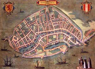 Dordrecht térképe, Georg Braun (1541-1622) és Frans Hogenburg (1535-90) „Civitates Orbis Terrarum” című művéből, 1572 körül (színes metszet) alkotó: Joris (after) Hoefnagel