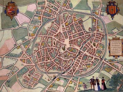 Mechelen térképe, Georg Braun (1541-1622) és Frans Hogenberg (1535-90) 1572-1617 körüli „Civitates Orbis Terrarum”-ból (színes metszet) alkotó: Joris (after) Hoefnagel