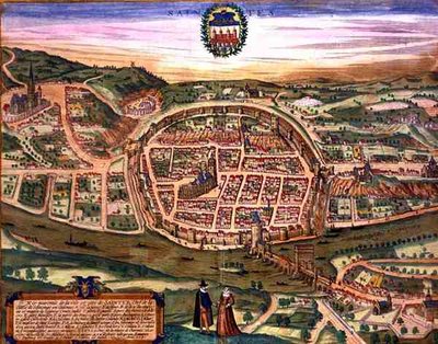 Saintes térképe, Georg Braun (1541-1622) és Frans Hogenberg (1535-90) „Civitates Orbis Terrarum”-ból alkotó: Joris (after) Hoefnagel
