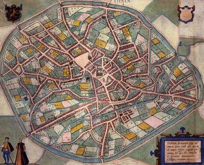 Tienen térképe, Georg Braun (1541-1622) és Frans Hogenberg (1535-90) "Civitates Orbis Terrarum" című művéből, 1572-1617 körül (színes metszet). alkotó: Joris (after) Hoefnagel