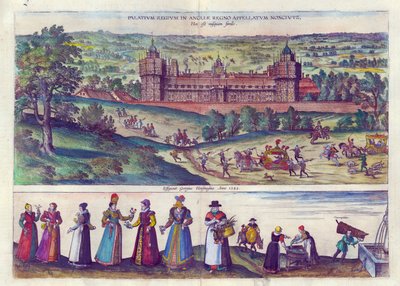 I. Erzsébet királynő érkezése a Nonsuch palotába és férfiak és nők a Tudor társadalomból, 1598 (kézzel színezett rézmetszet) alkotó: Joris Hoefnagel