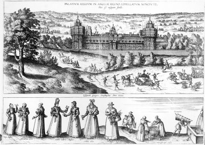 I. Erzsébet királynő érkezése a Nonsuch-palotába, valamint a Tudor-társadalomból származó férfiak és nők, 1582 alkotó: Joris Hoefnagel