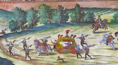 I. Erzsébet királynő érkezése a Nonesuch palotába udvaroncaival, őrségével és kutyáival, 1598 kézzel színezett rézmetszet, 324184 részlet, kézzel színezett rézmetszet, 1598 alkotó: Joris Hoefnagel