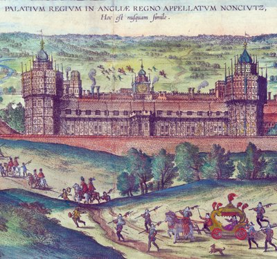 I. Erzsébet királynő érkezése a Nonsuch palotába, 1598 kézzel színezett rézmetszet, 324184 részlete alkotó: Joris Hoefnagel
