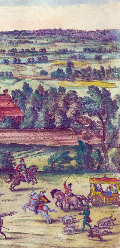 Udvaroncok és vadászkutyák kísérik I. Erzsébet királynő érkezését a Nonsuch palotába, 1598 kézzel színezett rézmetszet, 324184 részlete alkotó: Joris Hoefnagel