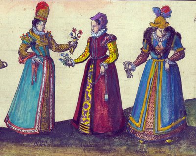 Angol nők az Erzsébet-korszakból, 1598-as kézi színezett rézmetszet, 324184 részlet alkotó: Joris Hoefnagel