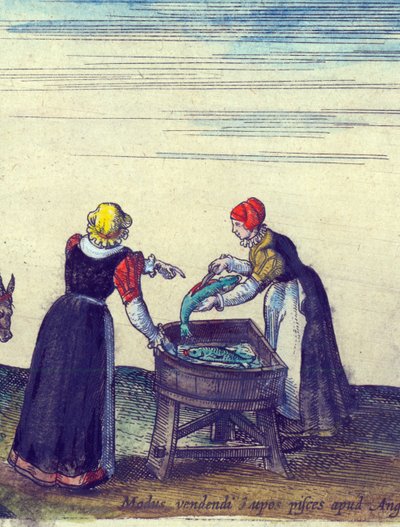 Halásznők csukát árulnak és kibeleznek, 1598, kézzel színezett rézmetszet, 324184 részlete alkotó: Joris Hoefnagel