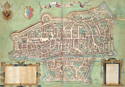 Augsburg térképe, Georg Braun (1541-1622) és Frans Hogenberg (1535-90) „Civitates Orbis Terrarum” című művéből, 1572 körül alkotó: Joris Hoefnagel