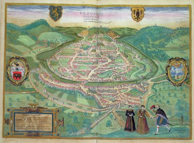 Besancon térképe, Georg Braun (1541-1622) és Frans Hogenberg (1535-90) „Civitates Orbis Terrarum” című művéből, 1575 (színes metszet) alkotó: Joris Hoefnagel