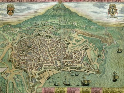 Catania térképe, Georg Braun (1541-1622) és Frans Hogenberg (1535-90) „Civitates Orbis Terrarum” című művéből, 1572 körül alkotó: Joris Hoefnagel
