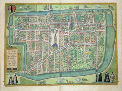 Delft térképe, Georg Braun (1541-1622) és Frans Hogenberg (1535-90) "Civitates Orbis Terrarum" című művéből, 1572-1617 körül. alkotó: Joris Hoefnagel