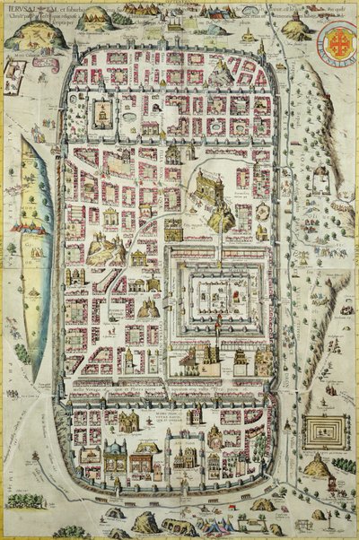 Jeruzsálem és környéke térképe, Georg Braun (1541-1622) és Frans Hogenberg (1535-90) "Civitates Orbis Terrarum" című művéből, 1572-1617 körül (lásd 138905-96). alkotó: Joris Hoefnagel