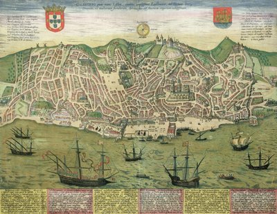 Lisszabon térképe, Georg Braun (1541-1622) és Frans Hogenberg (1535-90) „Civitates Orbis Terrarum” című művéből, 1572 körül alkotó: Joris Hoefnagel