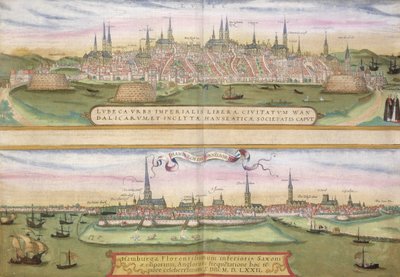 Lübeck és Hamburg térképe, Georg Braun (1541-1622) és Frans Hogenberg (1535-90) „Civitates Orbis Terrarum” című művéből, 1572 körül (színes metszet) alkotó: Joris Hoefnagel