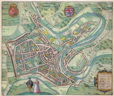 Luxemburg térképe, Georg Braun (1541-1622) és Frans Hogenberg (1535-90) „Civitates Orbis Terrarum” c. 1572-1617 alkotó: Joris Hoefnagel