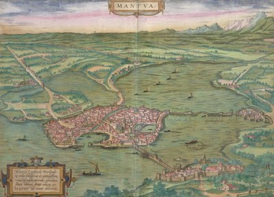 Mantova térképe, Georg Braun (1541-1622) és Frans Hogenberg (1535-90) „Civitates Orbis Terrarum” című művéből, 1575 alkotó: Joris Hoefnagel