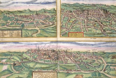 Montpellier, Tours és Poitiers térképe Georg Braun (1541-1622) és Frans Hogenberg (1535-90) „Civitates Orbis Terrarum” című művéből, 1572 körül alkotó: Joris Hoefnagel