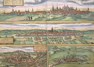 Nürnberg, Ulm és Saltzburg térképe, Georg Braun (1541-1622) és Frans Hogenberg (1535-90) „Civitates Orbis Terrarum” című művéből, 1572 körül (színes metszet) alkotó: Joris Hoefnagel