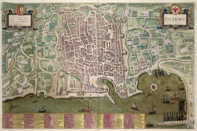Palermo térképe, Georg Braun (1541-1622) és Frans Hogenberg (1535-90) „Civitates Orbis Terrarum”-ból, 1572-1617 körül alkotó: Joris Hoefnagel