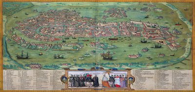 Velence térképe, Georg Braun (1541-1622) és Frans Hogenberg (1535-90) "Civitates Orbis Terrarum" című művéből, 1572 körül. alkotó: Joris Hoefnagel