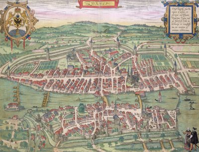 Zürich térképe, Georg Braun (1541-1622) és Frans Hogenberg (1535-90) "Civitates Orbis Terrarum" című művéből, 1572-1617 körül. alkotó: Joris Hoefnagel