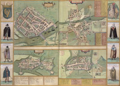 Galway, Dublin, Limerick és Cork térképei Georg Braun (1541-1622) és Frans Hogenberg (1535-90) „Civitates Orbis Terrarum”-ból, 1573 körül alkotó: Joris Hoefnagel