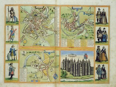 York, Shrewsbury, Lancaster és Richmond térképei Georg Braun (1541-1622) és Frans Hogenberg (1535-90) „Civitates Orbis Terrarum”-ból, 1572-1617 körül alkotó: Joris Hoefnagel
