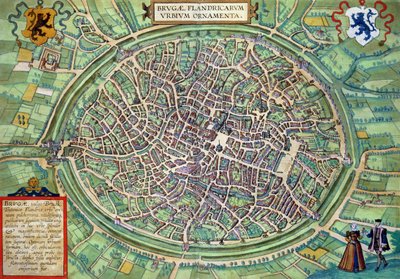 Brugge városterve, Georg Braun (1541-1622) és Frans Hogenburg (1535-90) "Világ városai"-ból, 1572 körül alkotó: Joris Hoefnagel