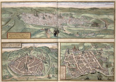 Rouen, Nimes és Bordeaux várostervei, Georg Braun (1541-1622) és Frans Hogenberg (1535-90) "Civitates Orbis Terrarum" című művéből, 1572 körül. alkotó: Joris Hoefnagel