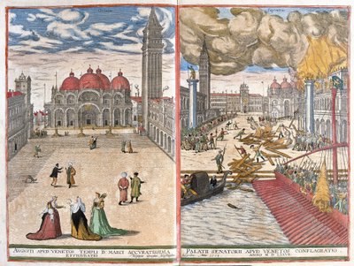 Velence, Olaszország: Szent Márk-templom és a tűz a velencei dózse palotájában 1577-ben (rajz alkotó: Joris Hoefnagel