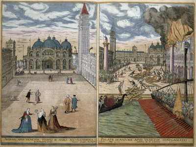 Kilátás a Szent Márkról és a lángokban álló Palazzo Ducale-ról, Georg Braun (1541-1622) és Frans Hogenberg (1535-90) „Civitates Orbis Terrarum” című művéből, 1578 alkotó: Joris Hoefnagel
