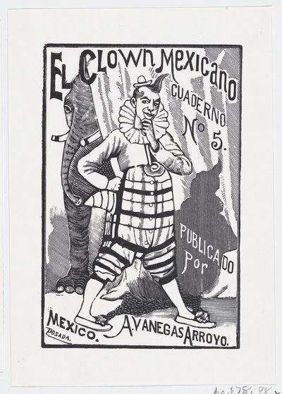 Egy bohóc áll a csípőre tett kézzel, és egy elefánt néz ki hátulról..., kb. 1880-1910. alkotó: José Guadalupe Posada