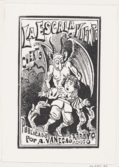Egy démon, aki egy fiatal fiút tart a vállánál fogva egy csoport keselyű fölött, illusztráció..., kb. 1880-1910. alkotó: José Guadalupe Posada