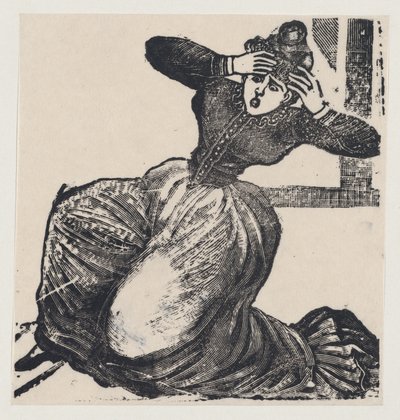 Lihegő nő a földön, fejéhez emelt kézzel, egy széles oldalról, melynek címe..., 1893. alkotó: José Guadalupe Posada
