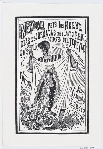 Egy férfi feltart egy darab szövetet a Szűz képével, illusztráció: ..., kb. 1880-1910. alkotó: José Guadalupe Posada