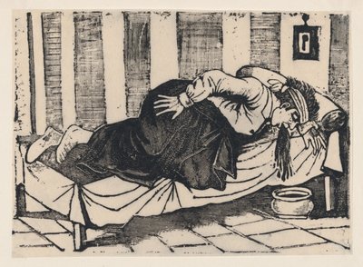 Egy férfi, aki az ágy széle fölé hajol, és hányt, egy széles oldalról "Aurelio halála...", 1892. alkotó: José Guadalupe Posada