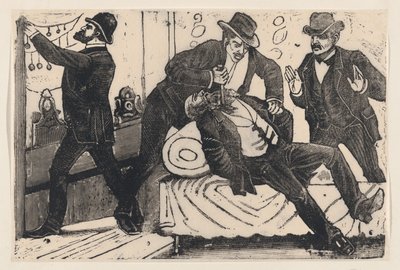 Egy férfi mellkason szúrt egy másik férfit, miközben társai kifosztottak egy üzletet egy..., kb. 1890-1891. alkotó: José Guadalupe Posada