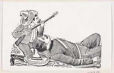 Egy puskát tartó forradalmár letérdelve megvéd egy elesett forradalmárt, c..., kb. 1880-1910. alkotó: José Guadalupe Posada