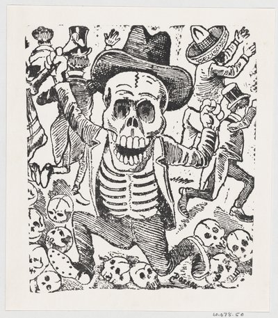 Egy csontváz csontot tartva, és átugrik egy halom koponyán, miközben az emberek menekülnek, fr..., kb. 1907. alkotó: José Guadalupe Posada