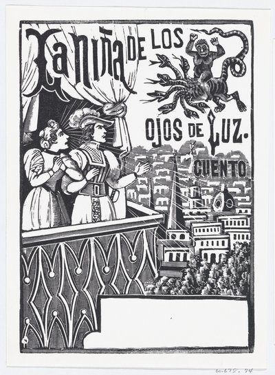 Egy nő és egy férfi az erkélyen állva felnéz egy repülő szörnyre az égen..., kb. 1880-1910. alkotó: José Guadalupe Posada