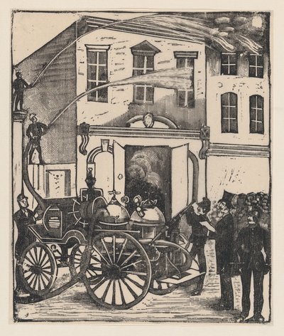 Tűzoltók oltottak tüzet egy házban, tűzoltóautó az előtérben, kb. 1880-1910., kb. 1880-1910. alkotó: José Guadalupe Posada