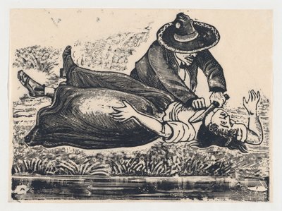 Francisco Guerrero, a mellénykészítő és elvágta a torkát, meggyilkolt egy nőt, kb. 19..., kb. 1905-1910. alkotó: José Guadalupe Posada