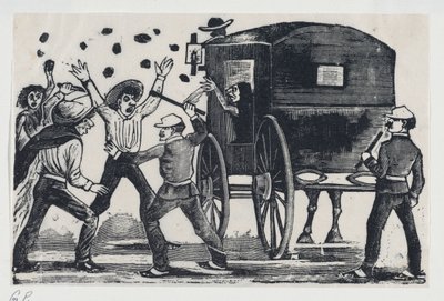 Férfiak harcoló ló és hintó közelében, kb. 1900-1910., kb. 1900-1910. alkotó: José Guadalupe Posada
